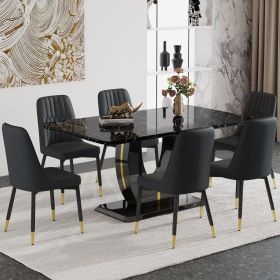 Table and chair set.63"W x 37"D x 30"H Black Marble MDF DiningTable Set with 6 Black PU Chairs with black metal legs.Bring a comfortable home experien