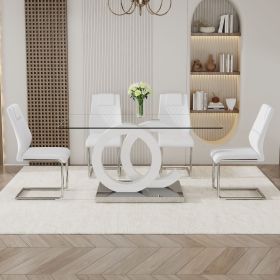 1 table and 4 chairs set.63"x35.4 Rectangular Transprant Tempered glass Dining Tabletop with White MDF OC shaped bracket.Paried with 4 White high-qual