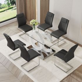 1 table and 6 chairs set.63"x35.4 Rectangular Transprant Tempered glass Dining Tabletop with White MDF OC shaped bracket.Paried with 6 Black high-qual