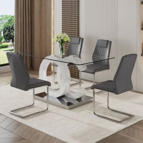 1 table and 4 chairs set.63"x35.4 Rectangular Transprant Tempered glass Dining Tabletop with White MDF OC shaped bracket.Paried with 4 Dark gray high-