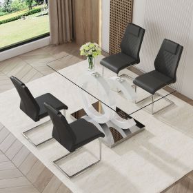1 table and 4 chairs set.63"x35.4 Rectangular Transprant Tempered glass Dining Tabletop with White MDF OC shaped bracket.Paried with 4 Black high-qual