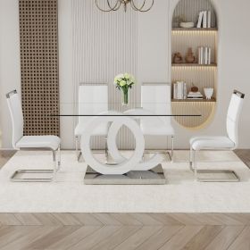 Table and chair set.63"x35.4 Rectangular Transprant Tempered glass Dining Tabletop with White MDF OC shaped bracket.Paried with 4 White high-quality P