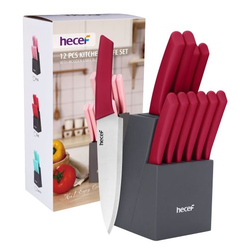 Hecef 12 Pcs Kitchen Knife Set with Wooden Block, Steak Knives, Stainless Steel Essential Chef Knife Set Hecef 12 Pcs Kitchen Knife Set with Wooden Block, Steak Knives, Stainless Steel Essential Chef Knife Set