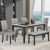 Faux Marble Dining Rectangular Table with Bench, Kitchen Table with Bench for Small Space, 6 Person Wood Dining Table, White +Dark Espresso + Gray