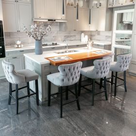 Contemporary Velvet Upholstered Wing-Back Barstools with Button Tufted Decoration and Wooden Legs, and Chrome Nailhead Trim, Leisure Style Bar Chairs