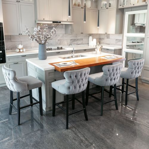 Contemporary Velvet Upholstered Wing-Back Barstools with Button Tufted Decoration and Wooden Legs, and Chrome Nailhead Trim, Leisure Style Bar Chairs