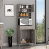 Pantry Cabinet 67" H, Four Doors, One Drawer, Three Internal Shelves, 2 External Storage Shelves, Microwave Storage Option, Four Legs, Light Gray