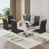 Table and chair set.63"x35.4 Rectangular Transprant Tempered glass Dining Tabletop with White MDF OC shaped bracket.Paried with 6 Black high-quality P