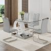 Table and chair set.63"x35.4 Rectangular Transprant Tempered glass Dining Tabletop with White MDF OC shaped bracket.Paried with 4 Light Gray high-qual