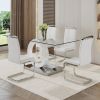 Table and chair set.63"x35.4 Rectangular Transprant Tempered glass Dining Tabletop with White MDF OC shaped bracket.Paried with 4 White high-quality P