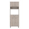 Pantry Cabinet 67" H, Four Doors, One Drawer, Three Internal Shelves, 2 External Storage Shelves, Microwave Storage Option, Four Legs, Light Gray