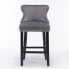 Contemporary Velvet Upholstered Wing-Back Barstools with Button Tufted Decoration and Wooden Legs, and Chrome Nailhead Trim, Leisure Style Bar Chairs