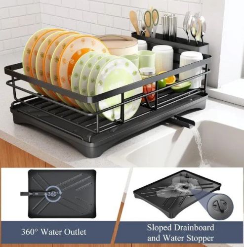 Stainless Steel Dish Drying Rack, Rustproof Dish Drainer with Utensil Holder for Kitchen, Suitable for Undermount Sinks, Black Stainless Steel Dish Drying Rack, Rustproof Dish Drainer with Utensil Holder for Kitchen, Suitable for Undermount Sinks, Black