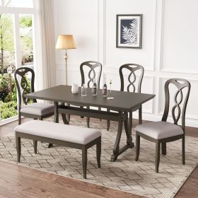Retro 6-Piece Trestle Dining Table Set with Upholstered Dining Chairs and Dining Bench, Smooth Dining Backs for Dining Room, Living Room, Kitchen (Material: Rubber Wood, Color: gray)